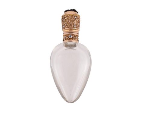 
	
		A LATE 19TH CENTURY FRENCH GOLD, RUBY, DIAMOND AND HALF PEARL SET GLASS SCENT BOTTLE 
		The pear shaped glass bottle wit
