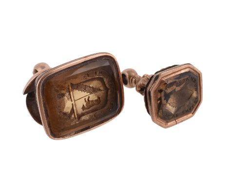 
	
		TWO GEORGE III FOB SEALS 
		The first with a cushion shaped citrine carved with an armorial and the motto &#39;In Deo Fi