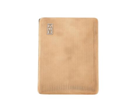 
	
		A 9CT GOLD CIGARETTE CASE 
		LONDON 1929
		The rectangular case with engine turned decoration, with applied initials RMB