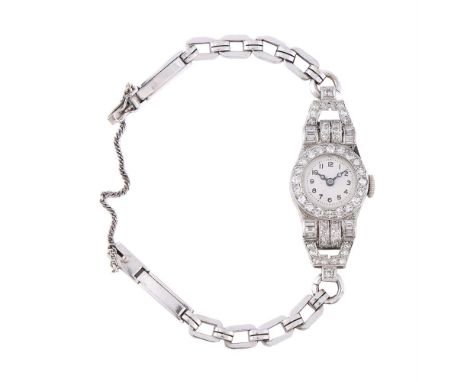 
	
		UNSIGNED
		A LADY&#39;S PRECIOUS WHITE METAL AND DIAMOND COCKTAIL WATCH
		Movement: Cal. 525, manual wind, 15 jewels
		C