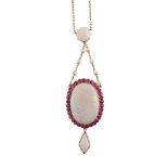 AN OPAL, PINK SAPPHIRE AND PEARL BROOCH/PENDANT