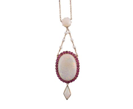 
	
		AN OPAL, PINK SAPPHIRE AND PEARL BROOCH/PENDANT 
		The oval cabochon opal within a surround of pink sapphires suspending