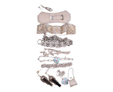 
	
		A COLLECTION OF SILVER COLOURED JEWELLERY 
		To include a pair of Art Deco marcasite and onyx earrings, by Theodore Fahr