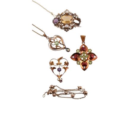 
	
		THREE ANTIQUE AND LATER PENDANTS AND A BROOCH 
		The first a quatrefoil flower head pendant, first half of the 20th cent