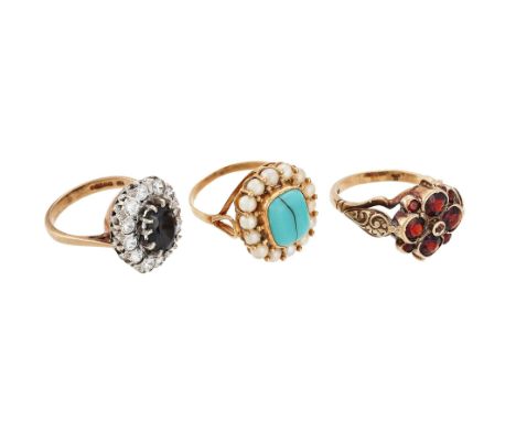 
	
		THREE DRESS RINGS 
		The first set with a turquoise coloured paste within a surround of cultured pearls, to a gold colou