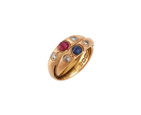 
	
		AN 18 CARAT GOLD GEM SET RING
		BIRMINGHAM 1927 AND LATER 
		The crossover circular cabochon ruby and diamond ring and c