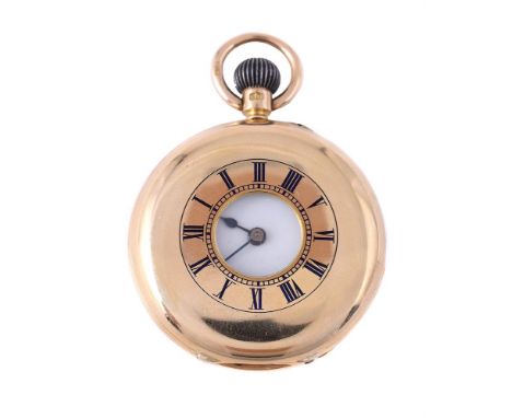 
	
		UNSIGNED 
		AN 18 CARAT GOLD KEYLESS WIND HALF HUNTER POCKET WATCH, NO. 27672, CIRCA 1883
		Movement: Three quarter plat