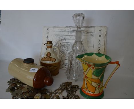 Myott Jug, Glass Decanter, Bed Warming Bottle, Costume Jewellery and a Coin Collection 