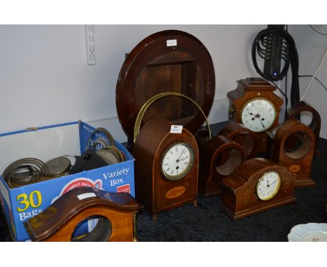 Large Collection of Mahogany Inlaid Clock Cases, Wall Clock and Spare Parts, Barometer Faces, etc. 