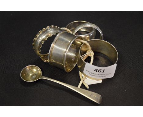 Five Assorted Silver Napkin Rings and One Mustard Spoon, Approximately 66g Total 