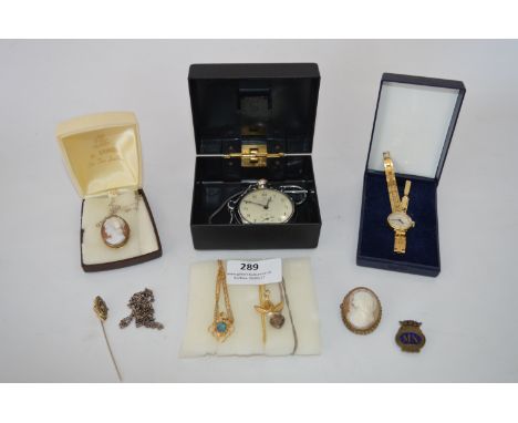 Tray Lot of Costume Jewellery; Necklaces, Cameo Brooches, Rotary Wristwatch and a Pocket Watch 