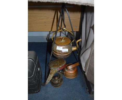 Copper and Brass Kettle on Trivet, Brass Bellows,
