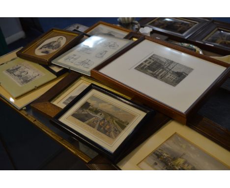 Selection of Framed Engraving Prints "Canal Scenes", "Bamburgh Castle", "Tricycle", etc. 
