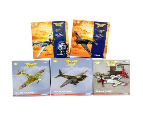 Corgi Aviation Archive 1:72 Scale WWII Group US32215 P51D Mustang, AA31915 Spitfire Mk VB, 49103 Hawker Hurricane, 49302 P51D