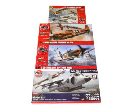 Airfix 1:24 Scale Kits BAe Sea Harrier FRS1, Supermarine Spitfire MkIa and Supermarine Spitfire MkVb; together with 1:72 Scal