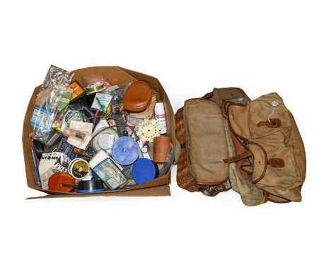 A Mixed Collection Of Various Fly Tying Vices And Tools along with rod building materials, reel pouches and other accessories