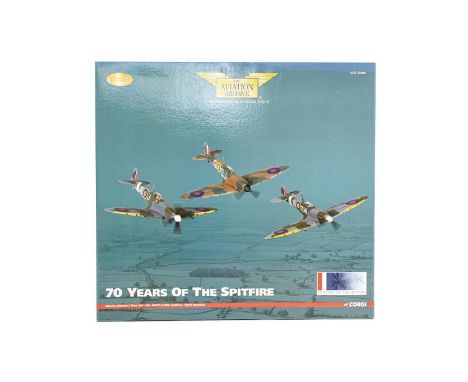 Corgi Aviation Archive AA99189 1:72 Scale 70 Years Of The Spitfire Johnnie Johnson 3 Piece Set with MkI, MkVB and MkIX plinth