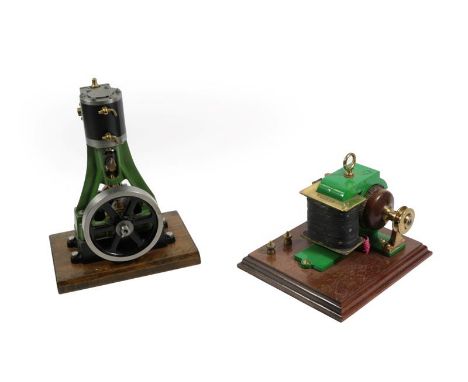 Stationary Steam Engine single vertical with flywheel on wooden base 10 1/2'', 27cm high together with an electric dynamo sta
