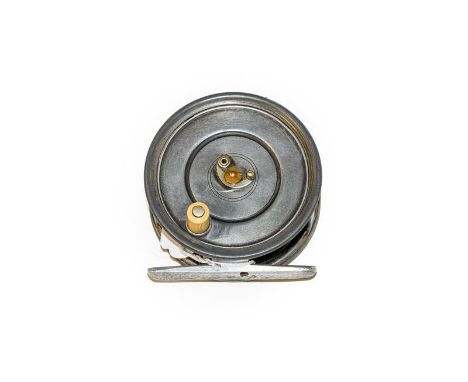 A Hardy Patent Uniqua 3 3/4'' Wide Drum salmon Fly Reel with horseshoe latch, ivorine handle and smooth alloy foot. Has some 