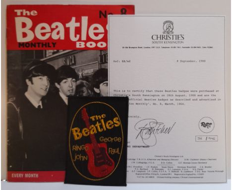 Original Beatles Fan Club patch with Christies certificate and Beatles Monthly No8 with advert for patch 