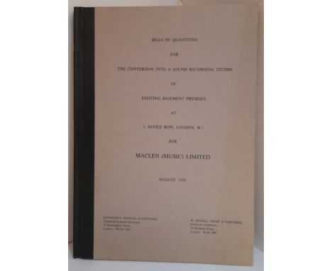 Bills of Quantities for the Conversion into a sound recording studio of existing basement premises at 3 Savile Row London W1 