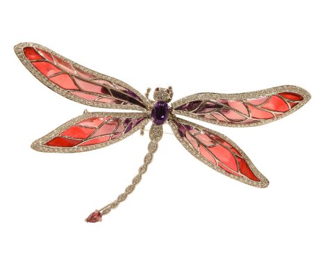 Brosche Libelle Weissgold/750fein mit Brillanten zusammen ca. 2,49 ct. und ein Rubin ca. 0,05 ct. ein Amethyst und emailierte