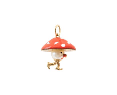 Anhaengergelbgold 585/fein, FLIEGENPILZ, mit einer Perle, Dm ca. 6,8 mm, Emailliert, ges. Gew. 2g | Pendant yellowgold 585/fi