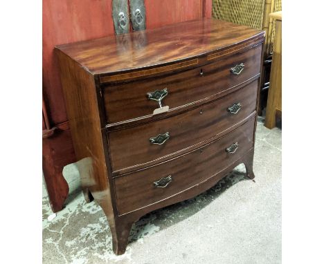 CHEST, 19th century, mahogany, bow-fronted form, comprising three graduated drawers, bracket feet, 89cm H x 89cm W x 49cm D. 