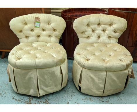 CARACOLE SWIVEL CHAIRS, a pair, upholstered button back velvet, 80cm H each. (2) 