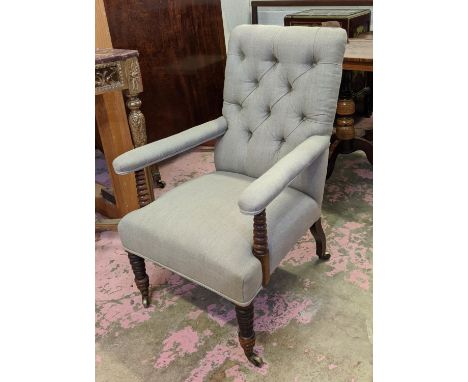 ARMCHAIR, 63cm W x 98cm H, 19th century walnut in linen with bobbin turned supports. 
