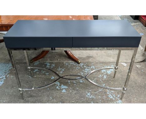 JUSTIN VAN BREDA SPHERE CONSOLE TABLE, petrol blue lacquered top, two drawer, stainless steel base, 122cm x 42cm x 85cm. 