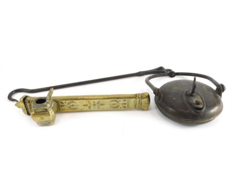 A 19thC Persian brass travelling scribes box, with attached inkwell and shell capped lid, the main body profusely decorated w