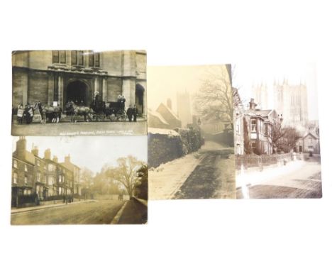 Four early 20thC Lincoln city postcards, street scenes, corner of Lindum Road, East Bight in the snow, Cathedral from Drury L