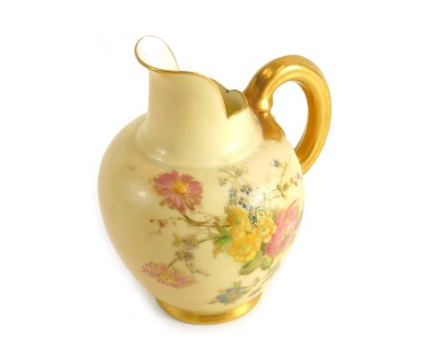 An Edwardian Royal Worcester porcelain blush ivory jug, with shaped spout, strap work handle and bulbous body hand painted wi