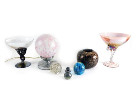 Various glassware, table lamp with frosted pink and clear glass orb on chrome mount 22cm high, a shaped glass dish with entwi