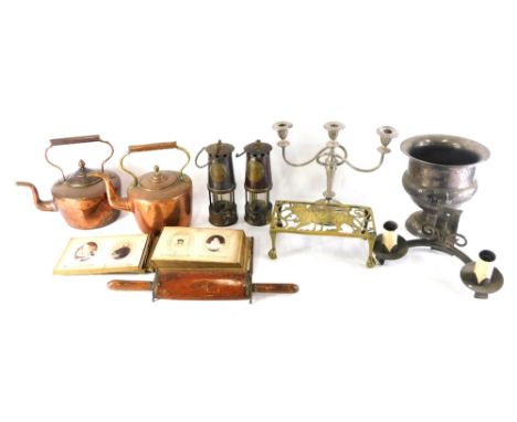 Various bygones, collectables, an Eccles Protector miner's lamp, of cylindrical form with hook top, central label numbered 12