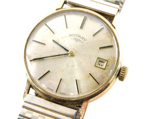 A Rotary 9ct gold cased gent's wristwatch, with silvered dial with date aperture, the reverse inscribed JR &amp; S R Cobb, 19