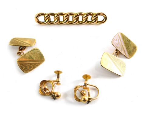 A group of 9ct gold jewellery, comprising a pair of 9ct gold engine turned design cuff links, a pair of 9ct gold earrings and