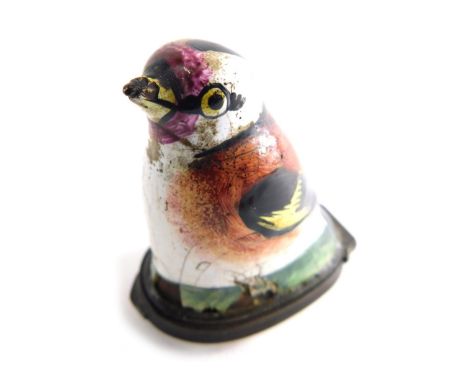 An 18thC Staffordshire enamel novelty snuff box or bonbonniere, decorated as a bird in colours, with pink mouth and yellow be