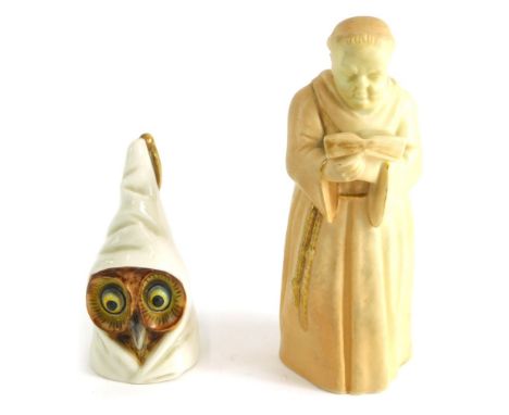 Various pottery and effects, a Worcester blush ivory monk candle snuffer, 14cms high, and an owl Worcester candle snuffer. (2