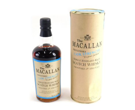 A bottle of the Macallan cask strength unfiltered single Highland Scotch whisky, 59.2% volume cask number 552, approved 29/11