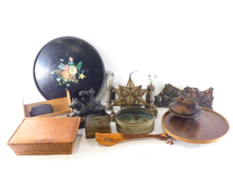 Various treen, cloche, lazy Susan, 40cm diameter, star glass light shade, cast iron door stop, etc . (a quantity) 