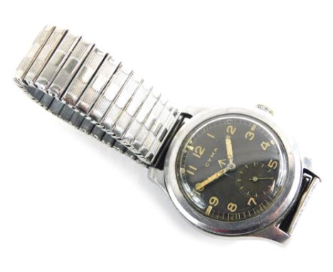 A CYMA military Dirty Dozen wristwatch, with black dial, luminous Arabic numerals, signed with broad arrow, subsidiary second