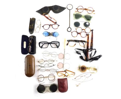 Various optical items and spectacles, a dark lens pince nez, folding eye protectors, various other chrome plated spectacles w