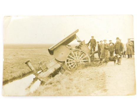 A 20thC Lincoln city postcard, William C Pears Yarborough Road traction engine crash in the Foss Dyke. 