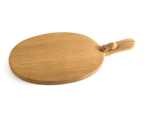 A Robert Thompson of Kilburn oak Mouseman oval cheese board, with carved mouse handle, 42cm long.