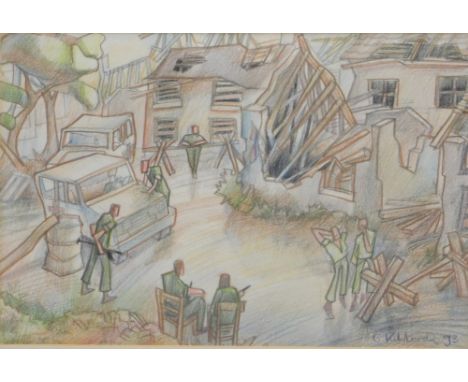 •George Kilibarda (b.1954). Serbian checkpoint, Bosnia, pencil and crayon, signed and dated (19)93, titled to the mount, 22cm