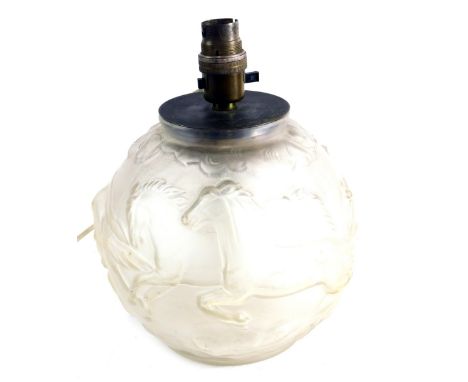 A frosted glass Lalique style lamp base, of globular form, raised with horses, with metal mounts, unmarked, 28cm high. Buyer 