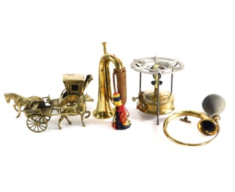 Various brassware, car horn with rubber end, brass bugle with material handle 28cm wide, horse and cart figure group etc (a q