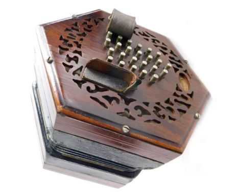 A 19thC Lachenal and Co London concertina, with 48 chrome buttons, in fitted case, 19cm high, labelled the case and body.